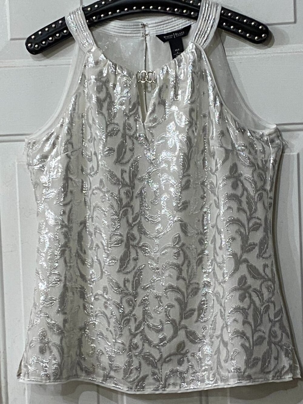 White Blouse Black Market Silk Sz S Halter Blouse White/Silver Metallic